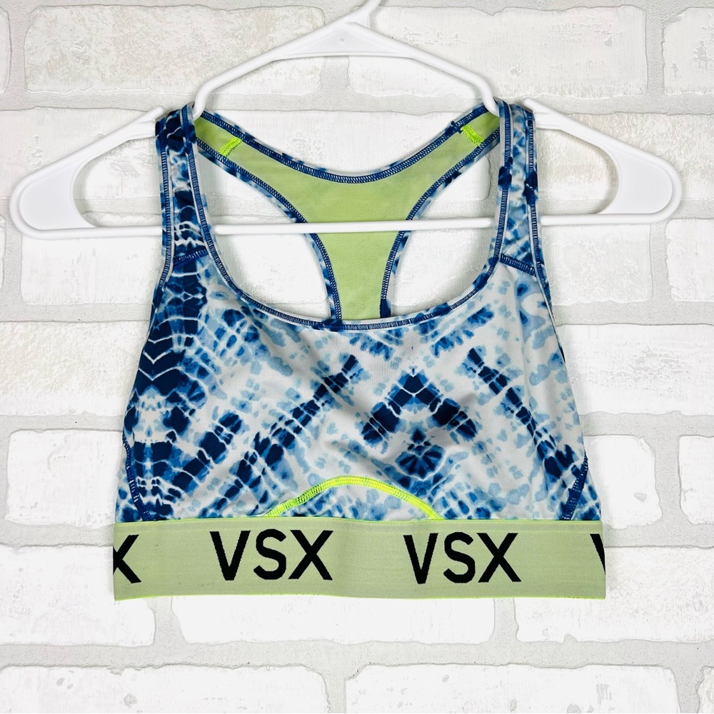 Victorias Secret VSX Sports Bra Blue Tie Dye Green Racerback Logo Band Medium